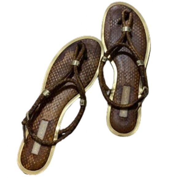 Michael Kors WOMEN’s Brown & Gold Snake Embossed Leather Slingback Flats Sz-8 - Picture 1 of 5